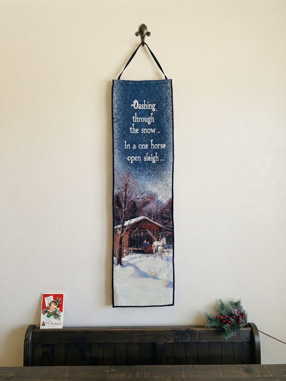 Vintage Christmas Tapestry Wall Hanging "Dashing Through the Snow"